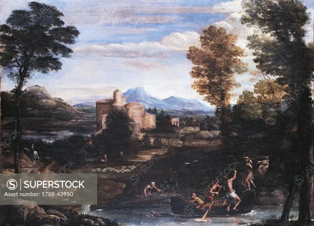 River Landscape with Hunting Scenes, by Annibale Carracci (1560-1609).