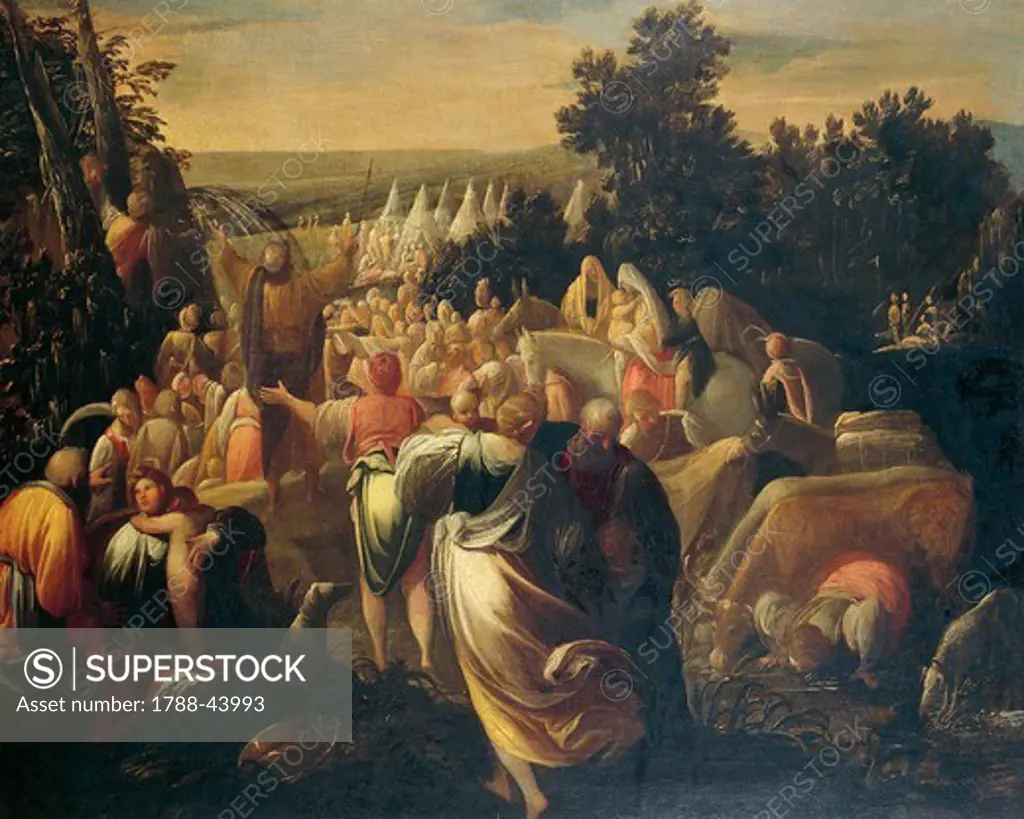Moses brings forth water in the desert, ca 1610, by Mastelletta (1575-1655), oil on canvas, 104x126 cm.