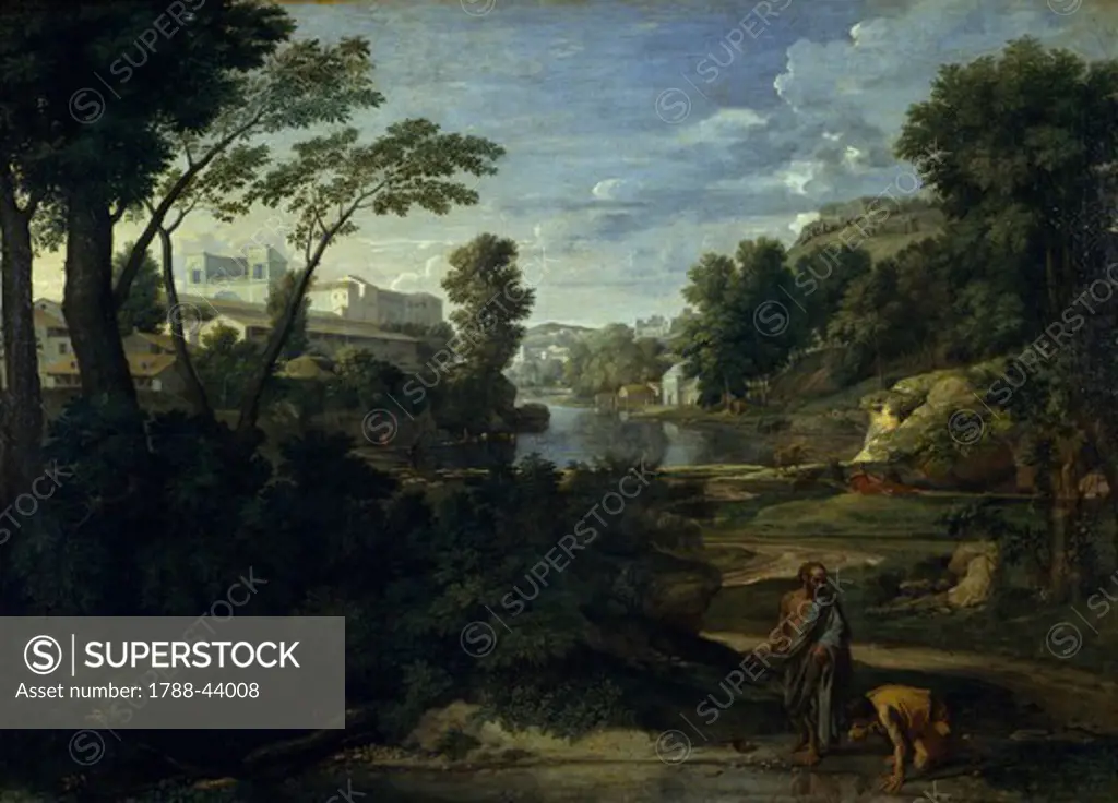 Landscape with Diogenes or Diogenes throwing away his bowl, 1648, by Nicolas Poussin (1594-1655), oil on canvas, 160x221 cm.