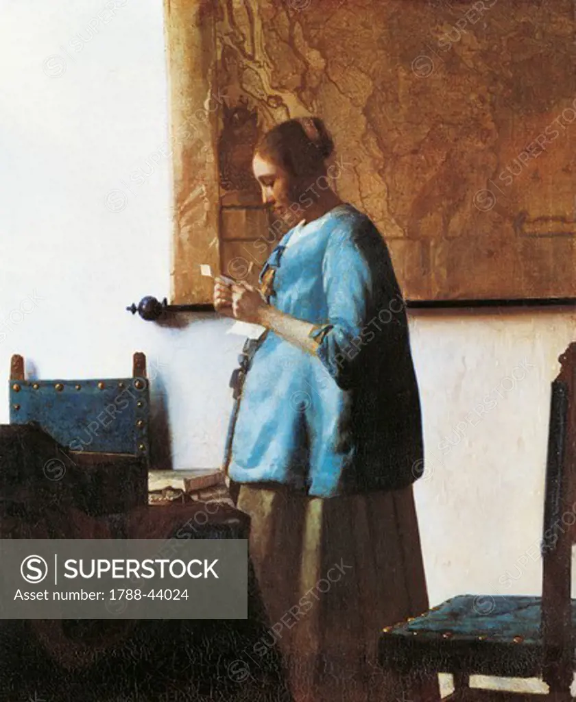 Woman in blue reading a letter, 1663, by Jan Vermeer (1632-1675), oil on canvas, 46x39 cm.