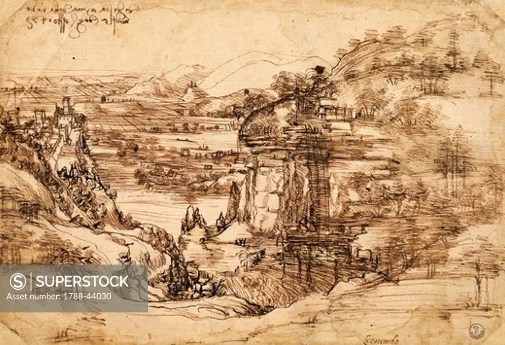 Mountain landscape, by Leonardo da Vinci (1452-1519), drawing.