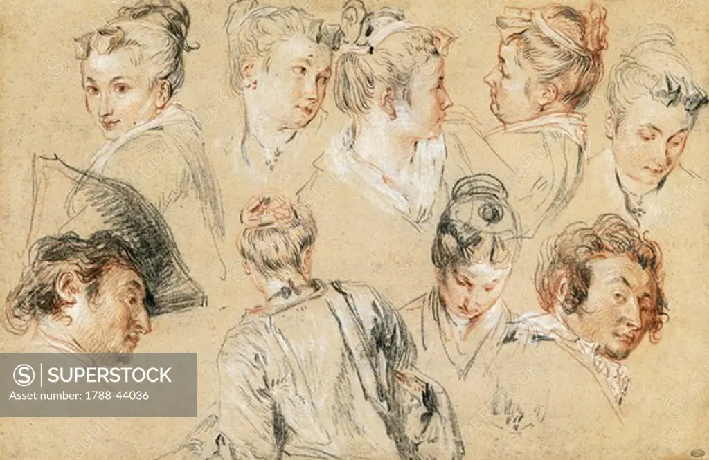 Study of heads, by Jean-Antoine Watteau (1684-1721), drawing.