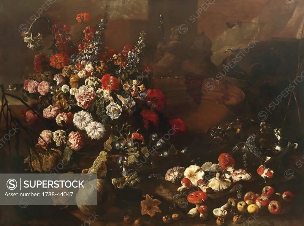 Still life with flowers, fruit, mushrooms and birds, by Paolo Porpora (1617-1673), oil on canvas, 73x32 cm.