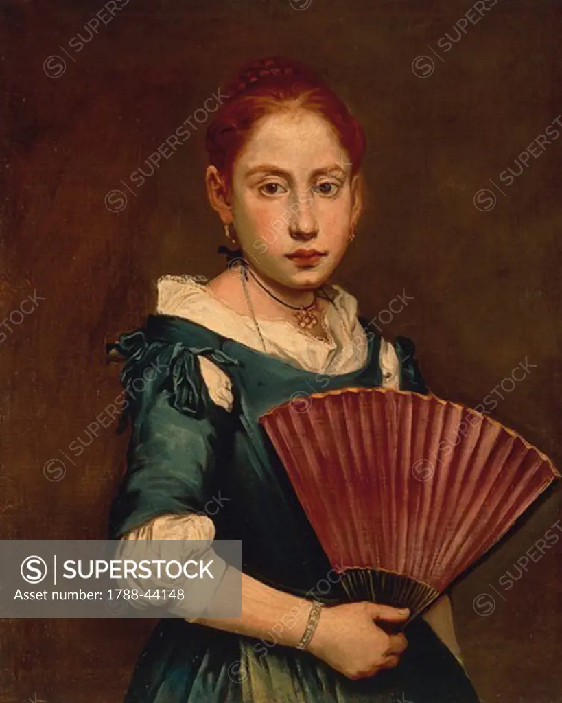Young girl with a fan, ca 1740, by Giacomo Ceruti, known as Pitocchetto (1698-1797), oil on canvas, 65x54 cm.