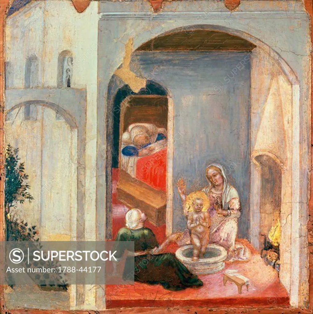 The birth of St Nicholas, a panel from the predella of the Quaratesi Polyptych, 1425, by Gentile da Fabriano (1370-ca 1427), tempera on panel, 35.5 x 36 cm.