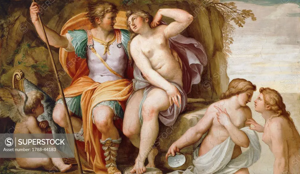 Venus to Mars, detail from the Sala dell'Amore (of love), ca 1601, by Agostino Carracci (1557-1602), fresco on the ceiling. Ducal Palace, Parma.