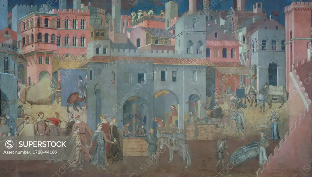 Effects of good government in cities, detail from the Allegory and effects of good and bad government in town and country, 1337-1343, by Ambrogio Lorenzetti (active 1285-1348), fresco. Hall of Peace, Palazzo Publico, Siena.