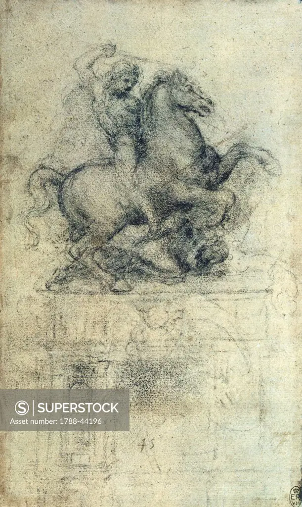 Equestrian figure, a study for the Trivulzio monument, by Leonardo da Vinci (1452-1519), drawing.