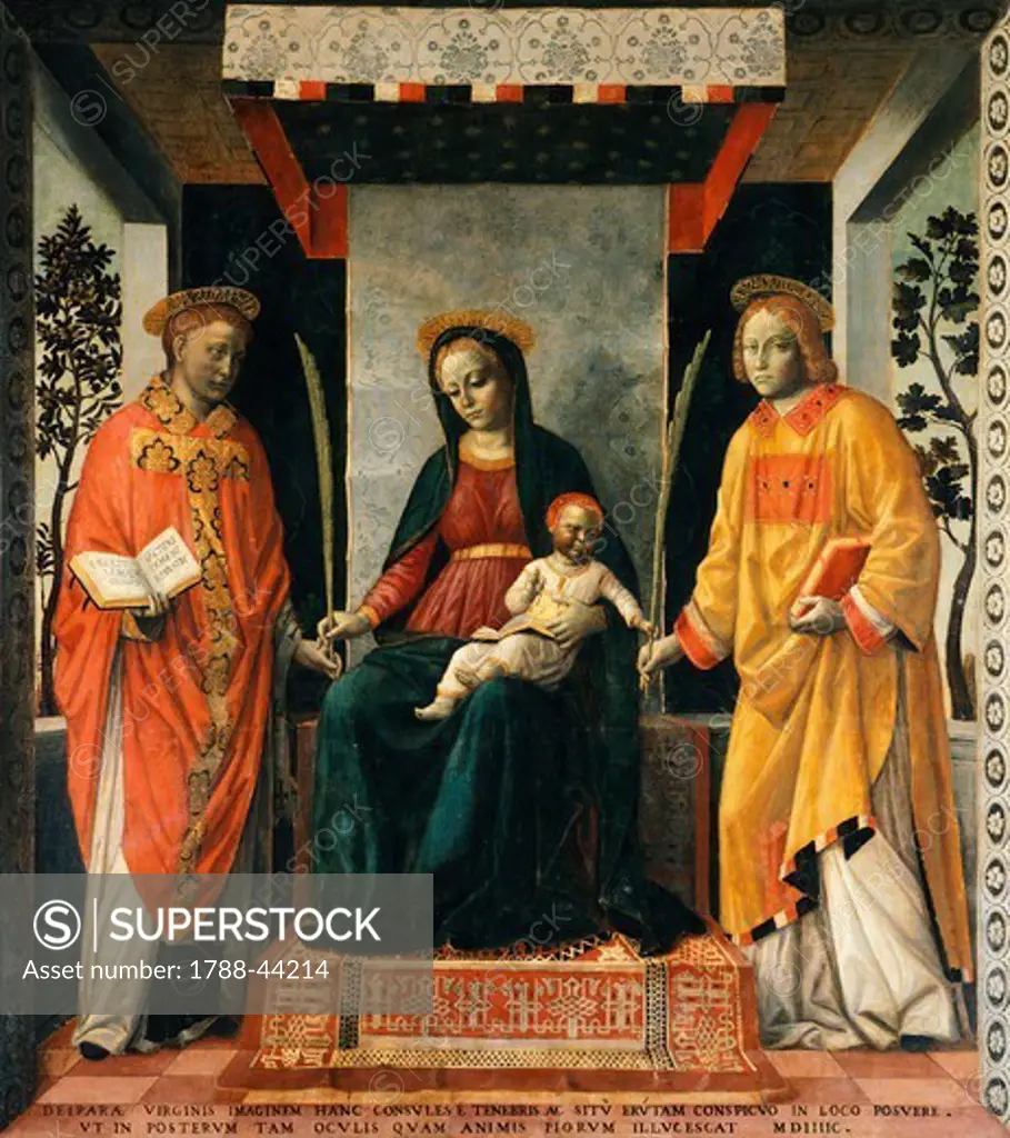 Madonna and Child between St Faustinus and St Jovita, by Vincenzo Foppa (ca 1427-ca 1515). Tempera on canvas, 205x226 cm.