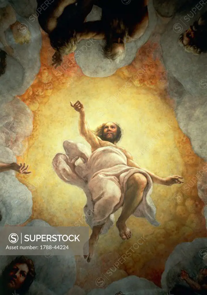 Vision of St John the Evangelist on Patmos, the Ascension of Christ among the Apostles, or Christ in Glory, 1520-1523 by Antonio Allegri, known as Correggio (1489-ca 1534), fresco, 966x888 cm diameter at the base. Detail. Church of St John the Evangelist, dome, Parma.