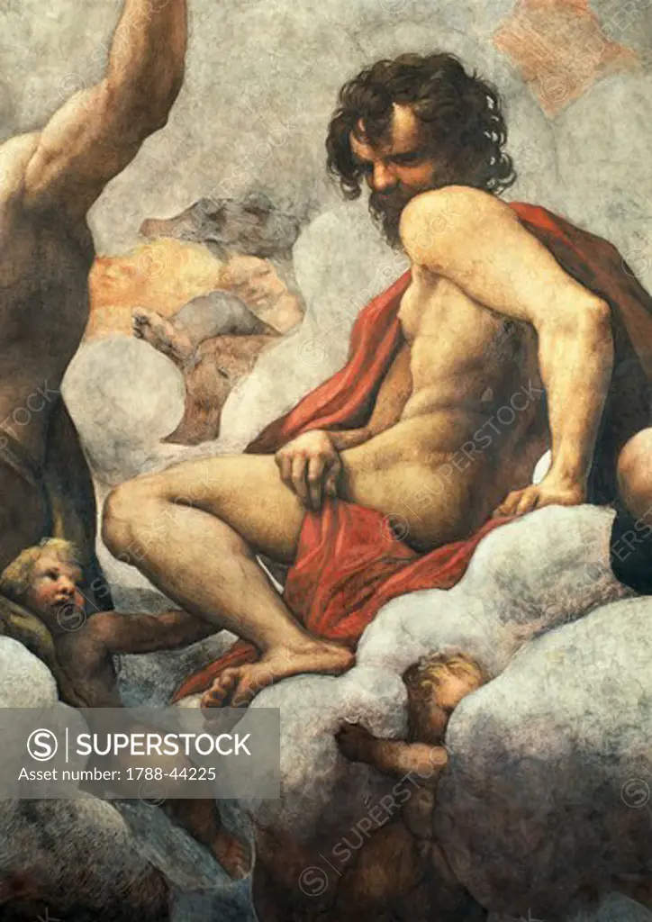 Vision of St John the Evangelist on Patmos, the Ascension of Christ among the Apostles, or Christ in Glory, 1520-1523 by Antonio Allegri, known as Correggio (1489-ca 1534), fresco, 966x888 cm diameter at the base. Detail. Church of St John the Evangelist, dome, Parma.