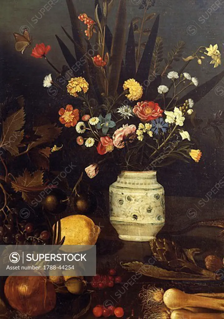 Still life of flowers and plants, by  Michelangelo Merisi da Caravaggio (1571-1610). Detail.