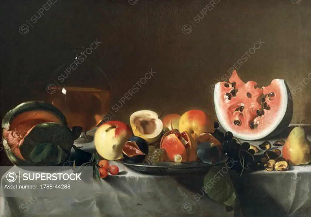 Still life with watermelons and a carafe of white wine, by Carlo Saraceni (1579-1620).