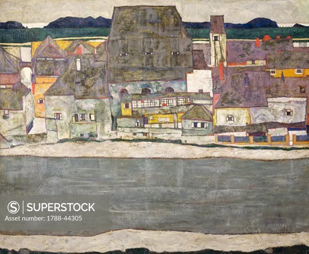 Houses on the river (The old town), 1914, by Egon Schiele (1890-1918), oil on canvas, 80x100 cm.