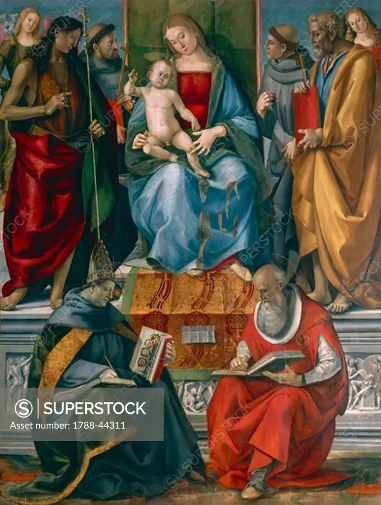Madonna and Child with Saints John the Baptist, Francis of Assisi, Anthony of Padua, Joseph Bonaventure and Jerome, by Luca Signorelli (ca 1445-1523).