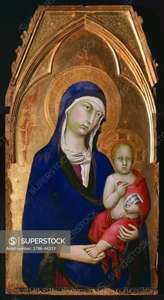 The Madonna and Child, 1323 to 1324, detail from the Altarpiece of St Dominic, by Simone Martini (1283-1344), tempera and gold on wood panel, 113x257 cm.