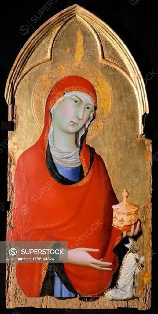 The Magdalene, 1323-1324, detail of the Altarpiece of St Dominic, by Simone Martini (1283-1344), tempera and gold on wood panel, 113x257 cm.