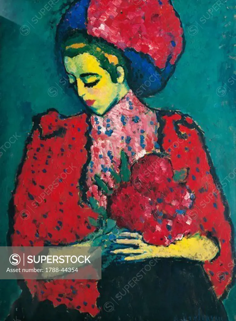Girl with Peonies, 1909, by Alexei Jawlensky (1864-1941), oil on cardboard transferred onto panel, 101x75 cm.