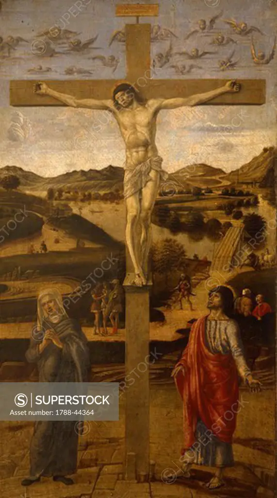 Crucifixion, ca 1455, by Giovanni Bellini (1431-36 - 1516), tempera on panel, 54.5x30 cm.
