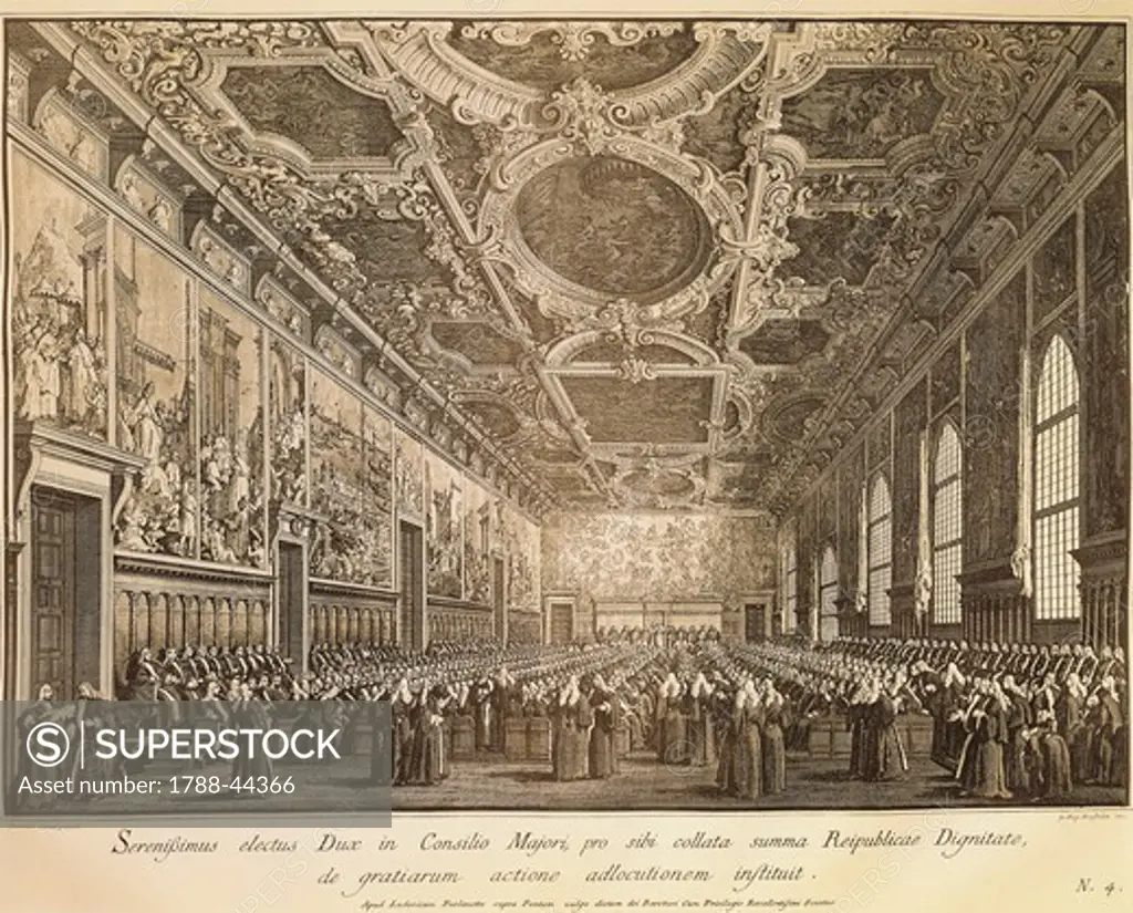 Ducal festivities, thanksgiving to the Doge the Great Council Hall of the Palazzo Ducale, Venice, 1766, drawing by Giovanni Antonio Canal, known as Canaletto (1697-1768), engraving on copper by Giambattista Brustolon (1712-1796).
