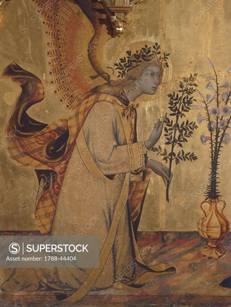 The angel Gabriel, detail of the Annunciation with St Ansano and St Massima, 1333, by Simone Martini (1283-1344) and Lippo Memmi (active from 1317 to 1356), painted polyptych stamped in gold leaf, tempera on panel, carved and gilded wood, 265x305 cm.