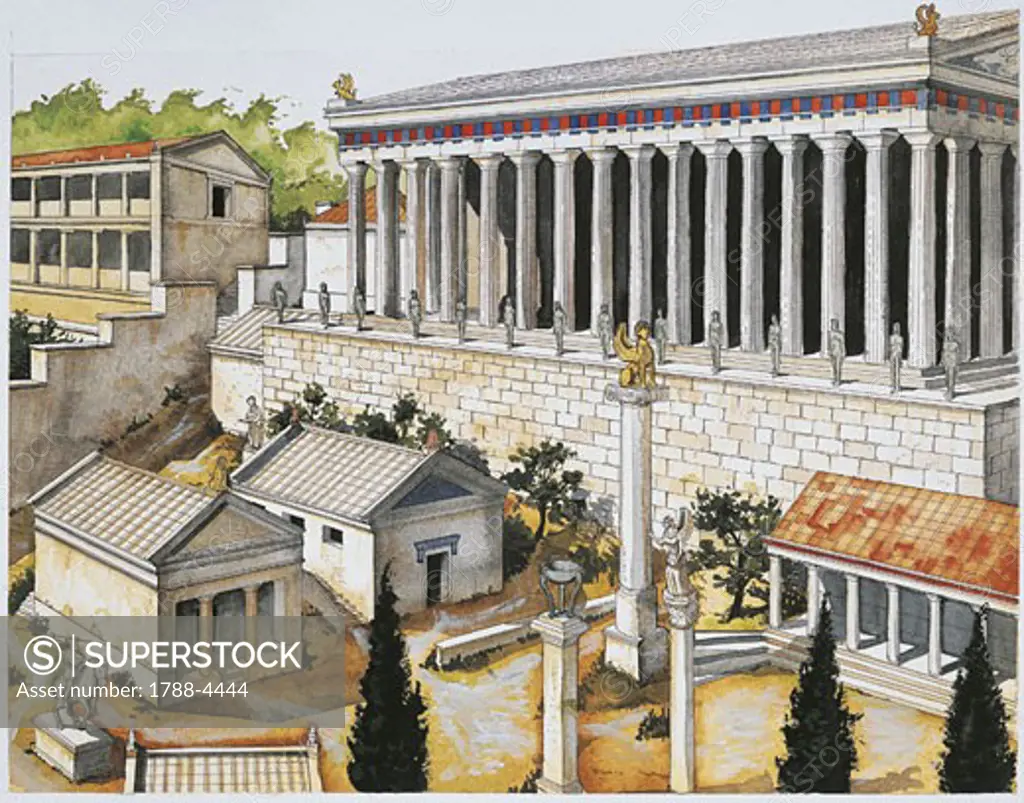 Illustration representing reconstruction of Apollo Sanctuary, Delphi, Greece