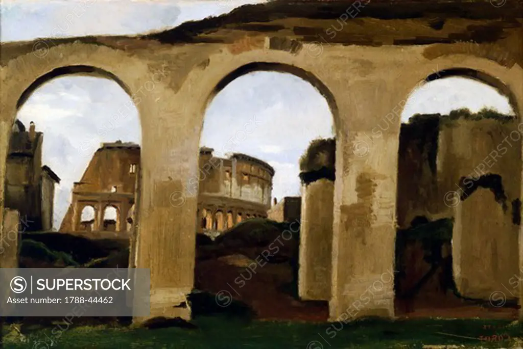 The Colosseum, seen through the Arcades of the Basilica of Constantine, 1825, by Jean-Baptiste-Camille Corot (1796-1875), 23.2x3.,8 cm.