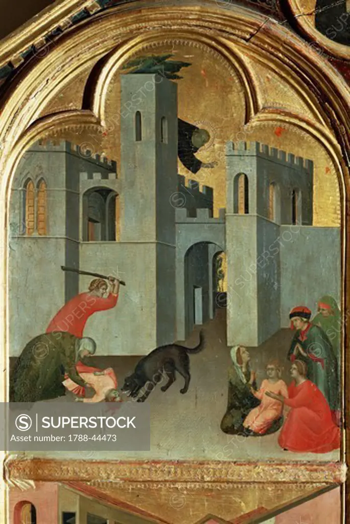 Miracle of a child bitten by a wolf, detail from the altarpiece entitled Blessed Agostino Novello and stories of his life, ca 1330, by Simone Martini (1283-1344), oil on canvas, 200x256 cm.