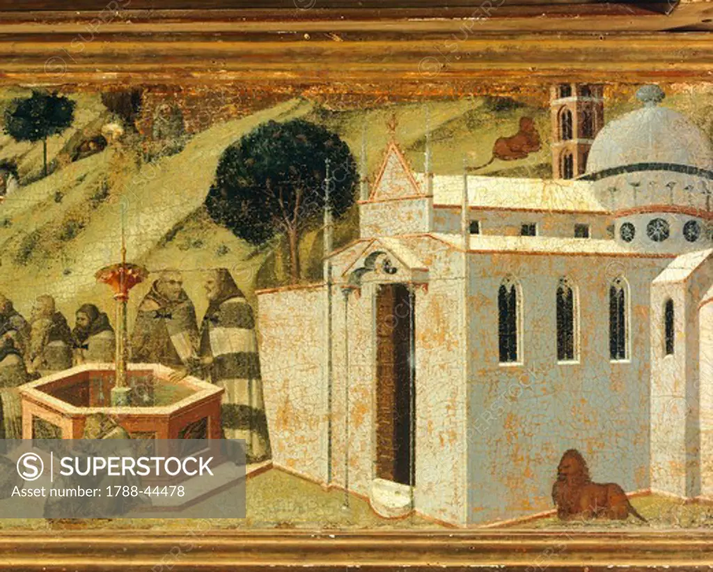 The first Carmelite hermits at the Spring of Elijah, detail from the predella of the altarpiece for the Carmine, Pietro Lorenzetti (ca 1280-1348), tempera and gold on wood. Pinacoteca Nazionale, Siena.