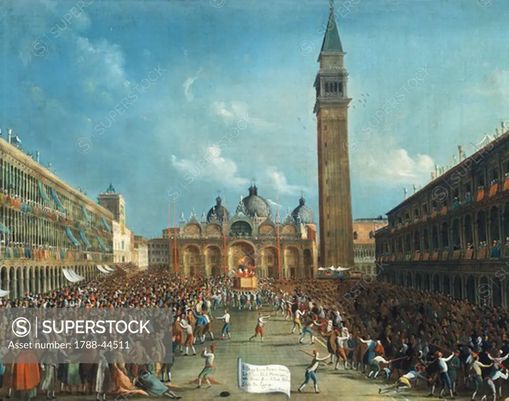 The Doge being carried triumphantly and scattering money in the Piazza San Marco (Saint Mark's Square), (Saint Mark's Square), Gabriel Bella (1730-1799).