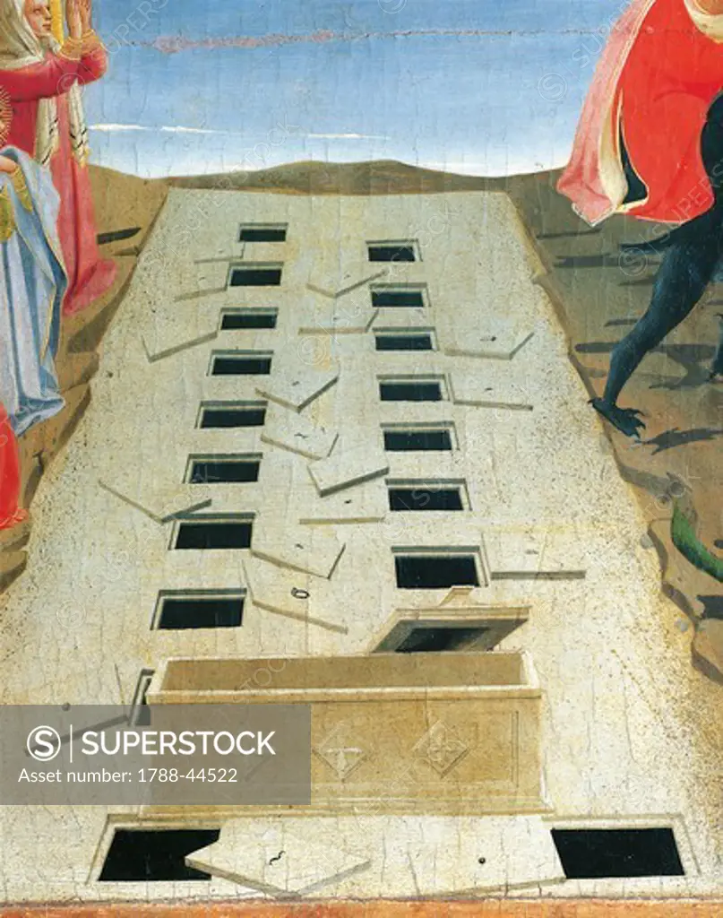 Tombs and the empty sarcophagus, detail from The Last Judgement, 1431, by Giovanni da Fiesole known as Fra Angelico (1400-ca 1455), tempera on wood, 105x210 cm.