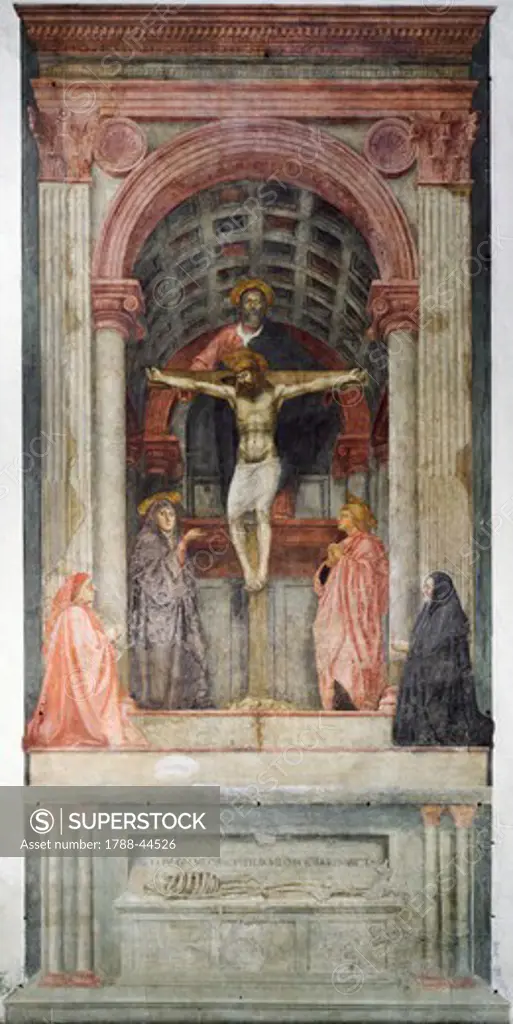 Trinity, 1427-1428, by Tommaso Masaccio (1401-1428), fresco, 667x317 cm. Detail. Left aisle of the Church of Santa Maria Novella, Florence.