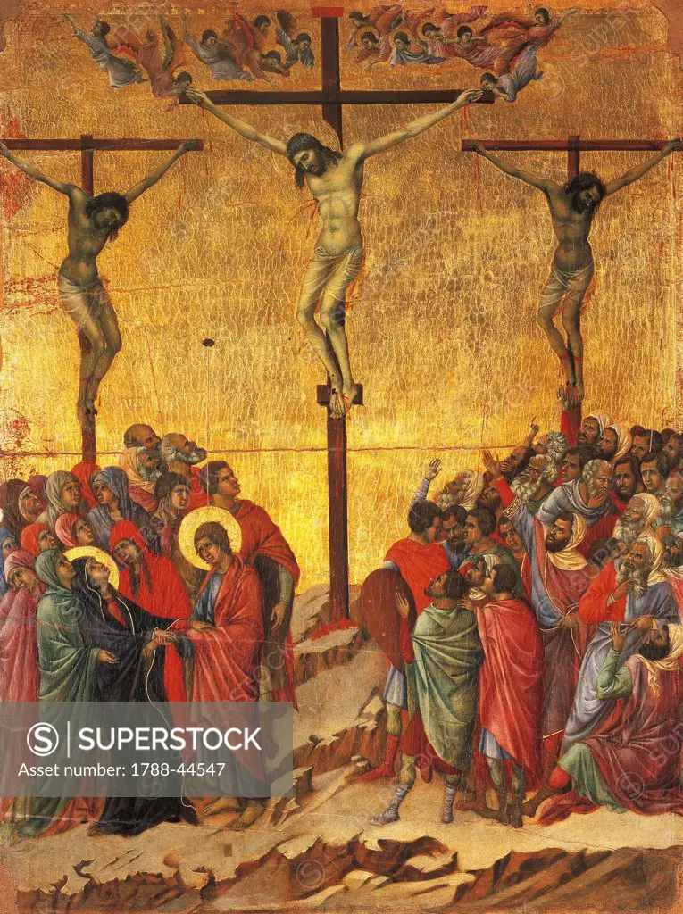 The Crucifixion, detail of a tile from the Episodes from Christ's Passion and Resurrection, the reverse surface of the Maesta' of Duccio Altarpiece in the Cathedral of Siena, 1308-1311, by Duccio di Buoninsegna (ca 1255 - pre-1319), tempera on wood.