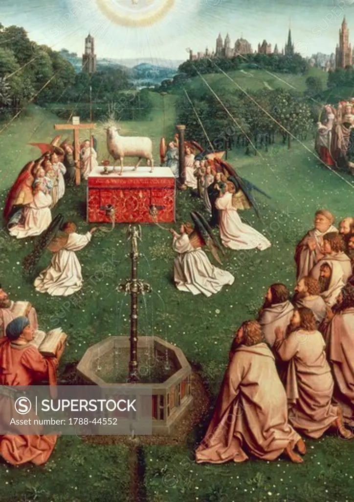 The Adoration of the Mystic Lamb, 1432, by Jan van Eyck (1390-1441), oil on panel. Detail of the central compartment in the lower register of the central panel of the Ghent Altarpiece, Saint Bavo Cathedral, Ghent, Belgium.