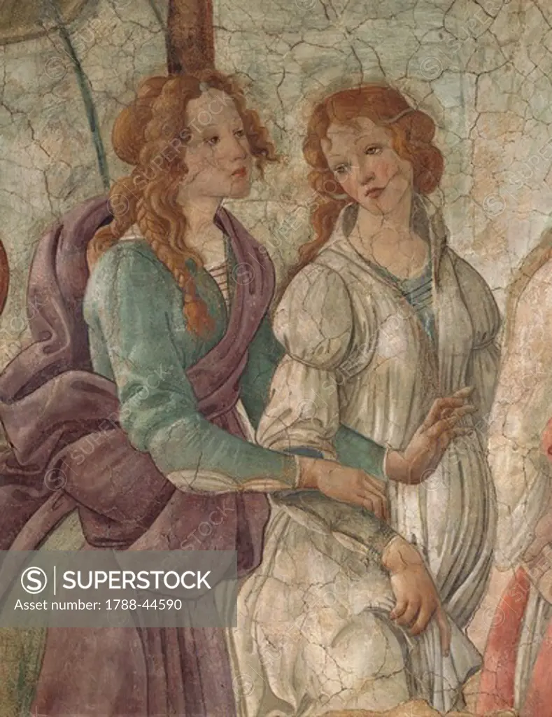 Venus and the Graces offering gifts to a girl, 1480-83, by Sandro Botticelli (1445-1510). Detail. Fresco from Villa Lemmi, Florence.