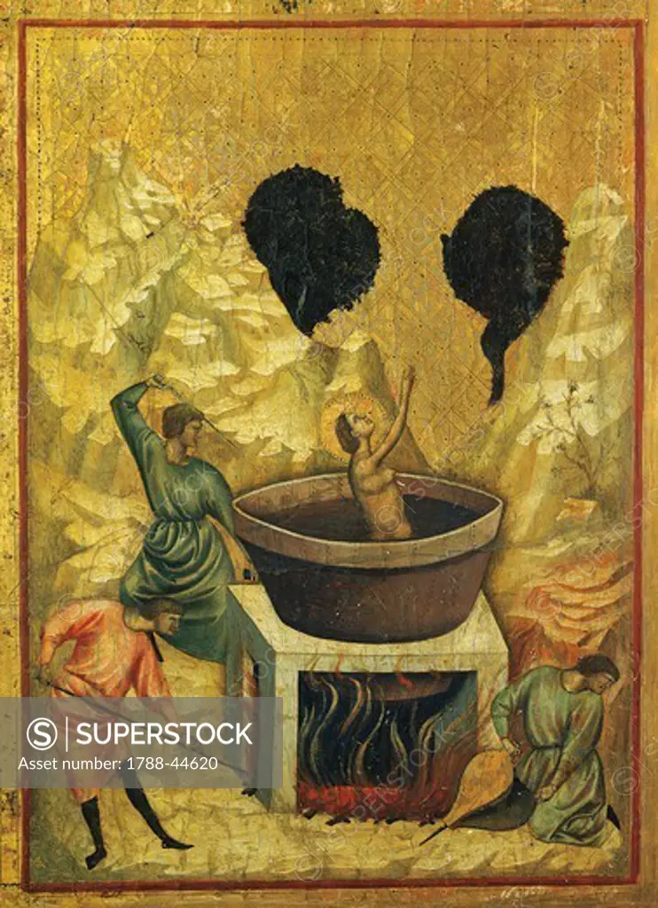 Saint Cecilia in a bath of boiling water, detail of the altarpiece showing Stories of Saint Cecilia, ca 1304, the Master of Saint Cecilia (active early 14th century), tempera on panel and stamped gold leaf, 85x181 cm.