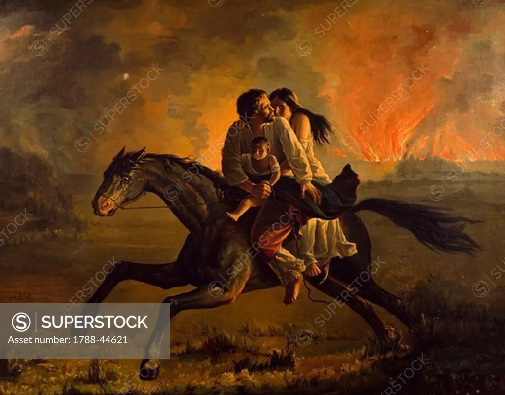 Fire in the Pampa and the flight of the indigenous people, painting by Franklin Rawson (1819 or 1820-1871).