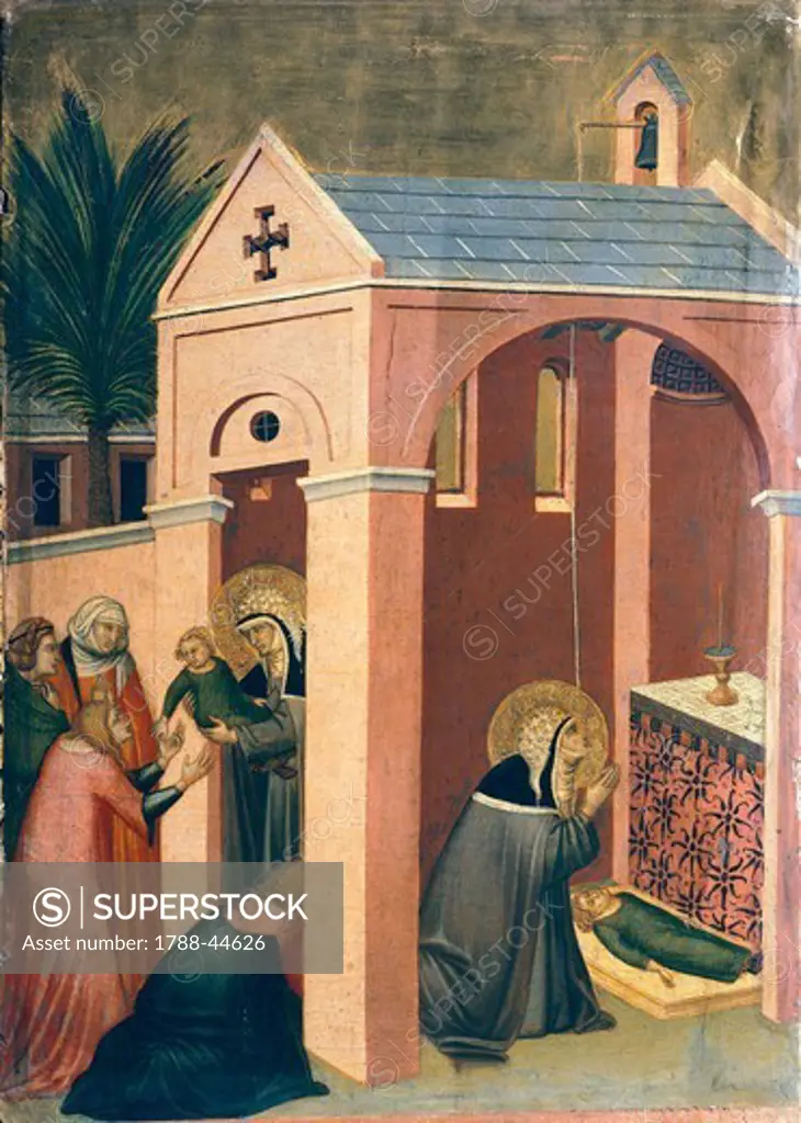 Blessed resuscitates the son of a gentleman, tile from the altarpiece of Blessed Humility, by Pietro Lorenzetti (ca 1280-1348), tempera and gold on wood panel.