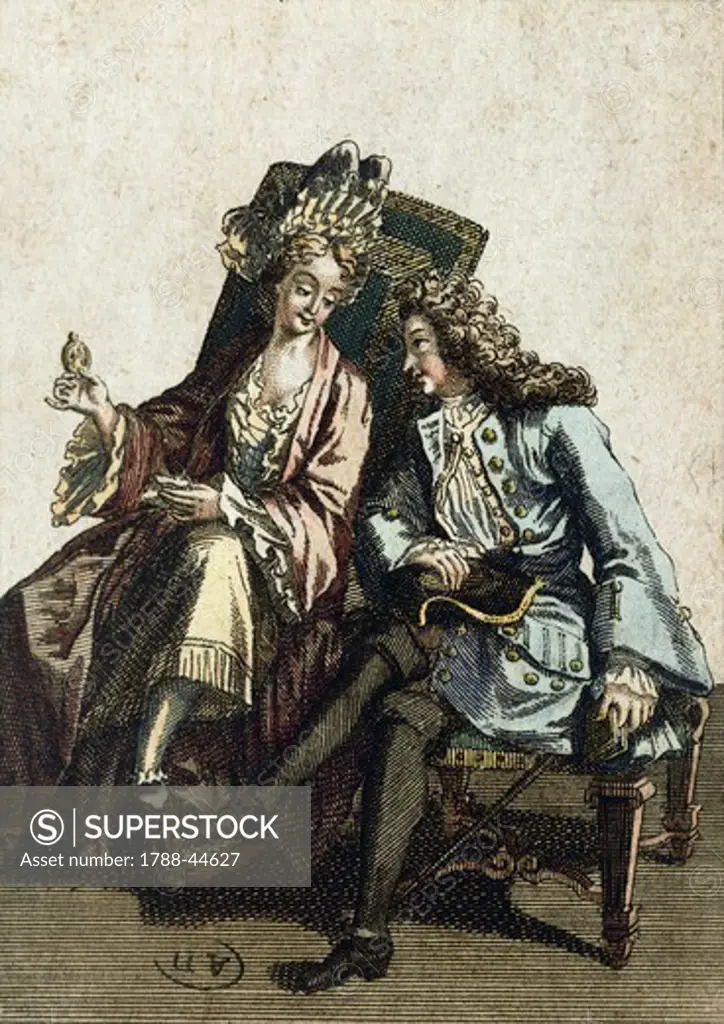 Couple chatting, ca 1715, engraving. France, 18th Century