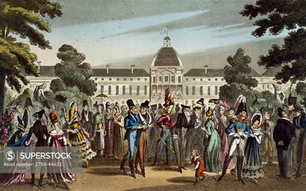 Dick Wildfire and the Captain stroll in the Tuileries Gardens in Paris, 1822, by David Carey, France 19th Century.