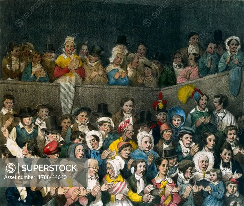 Spectators applauding in Paris, 1837, France 19th Century. Engraving.