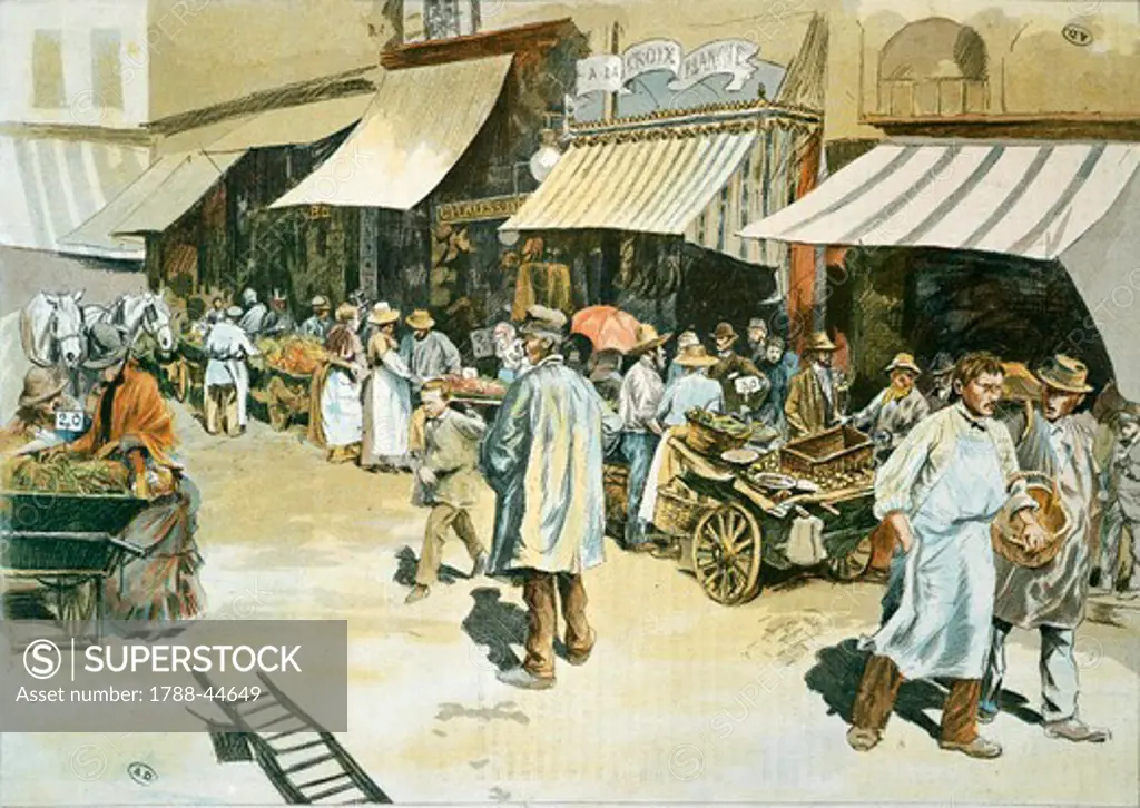 Faubourg Saint-Denis Market in Paris, France 19th Century. Print.