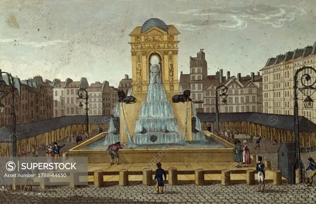 The Market and The Fountain of the Innocents in Paris, France 19th Century. Engraving.
