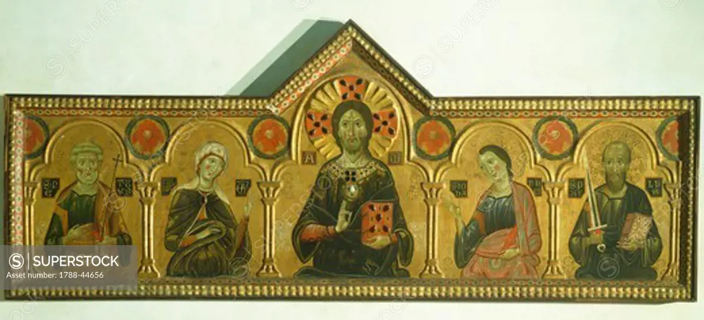 The Redeemer with the Madonna and three Saints, by Meliore Toscano or Meliore di Jacopo (ca 1255-1285), tempera and gold on panel, 85x210 cm. Detail.