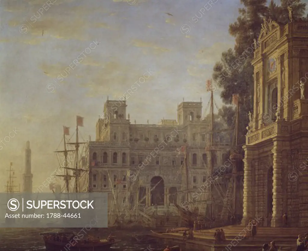 Seaport with Villa Medici, by Claude Lorrain (1604-1682). Detail.