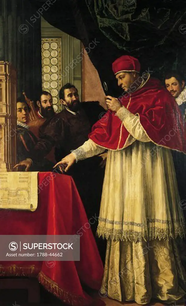 Michelangelo presenting models for the facade of San Lorenzo, the Laurentian Library and the Medici tombs to Pope Leo X and Cardinal Giulio de Medici, 1617-1619, by Jacopo da Empoli (1554-1640), canvas, 236x141 cm.
