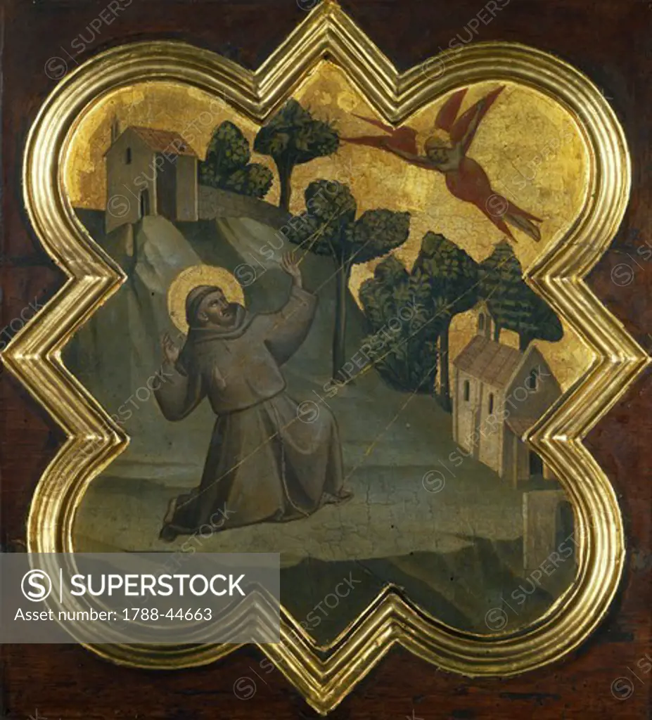 St Francis receiving the stigmata, by Taddeo Gaddi (active from 1322 to 1366), tempera on wood panel. Tile from a closet in the sacristy of the Basilica of the Holy Cross, Florence.