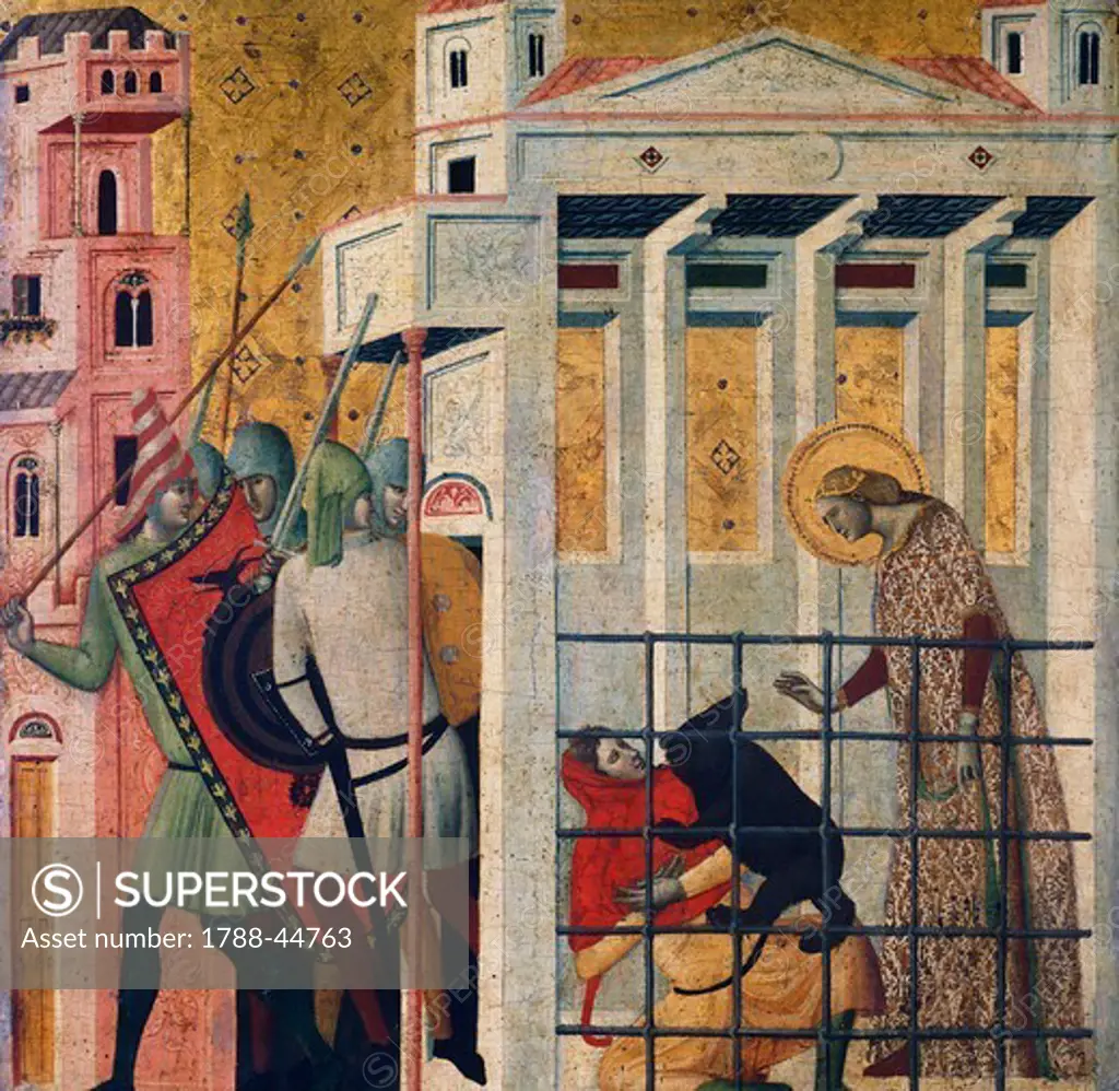 St Columba being saved by a bear, detail from the Three Stories of Saint Columba, 14th century, by Giovanni Baronzio (active 1343-1345). Tempera on panel, 53x55 cm each compartment.