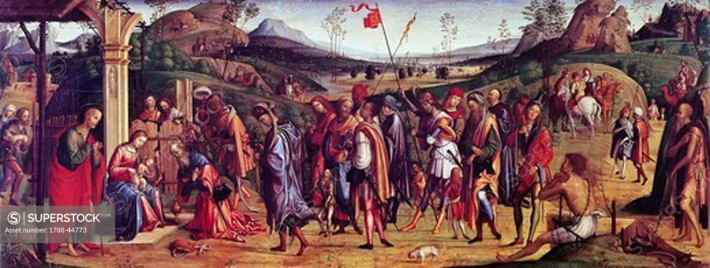 Adoration of the Magi, 1499, by Lorenzo Costa (1460-1535), oil on canvas, 75x181 cm.