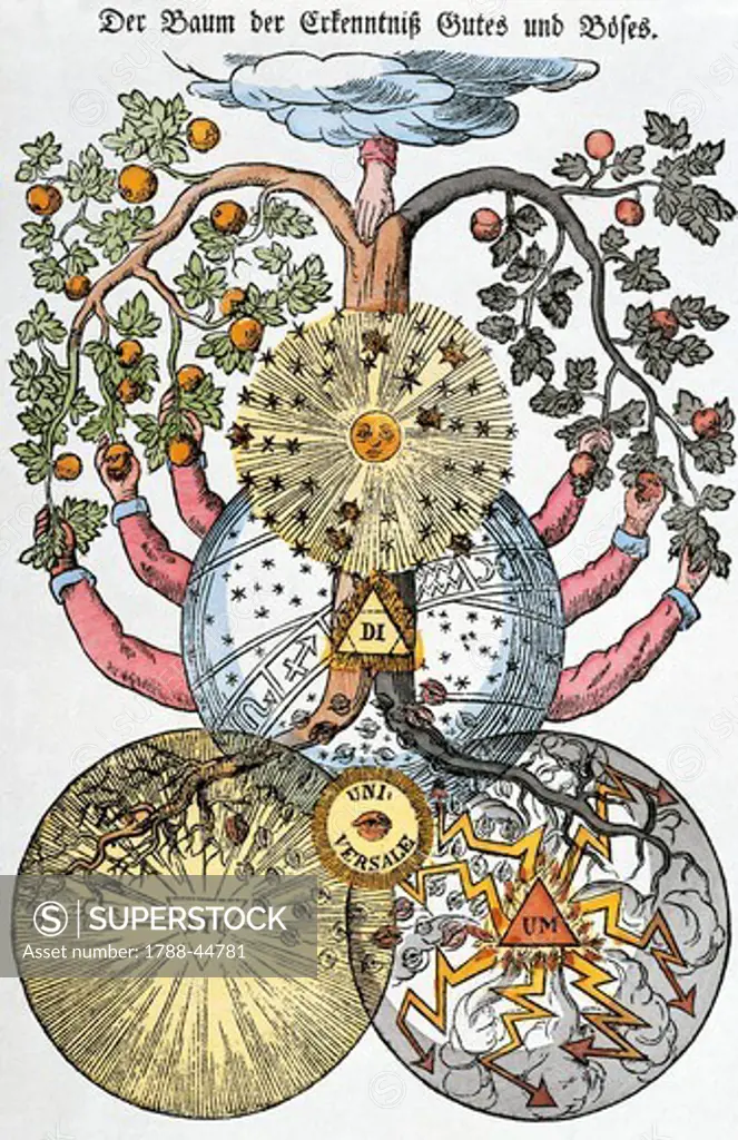 The tree of knowledge of good and evil, taken from Figure segrete dei Rosacroce (Secret Symbols of the Rosicrucians), 1785.